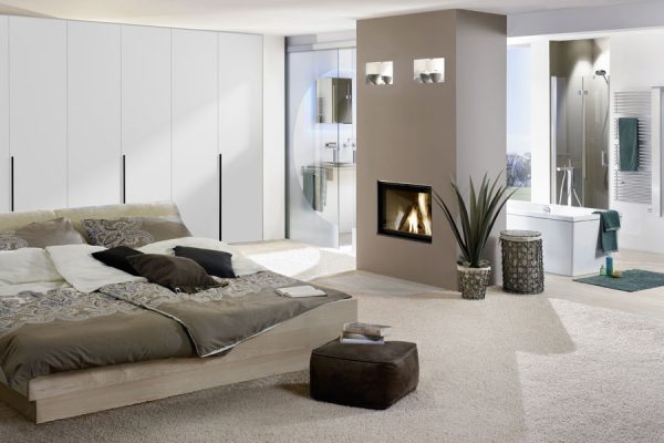Bedroom with white wardrobe and open en-suite