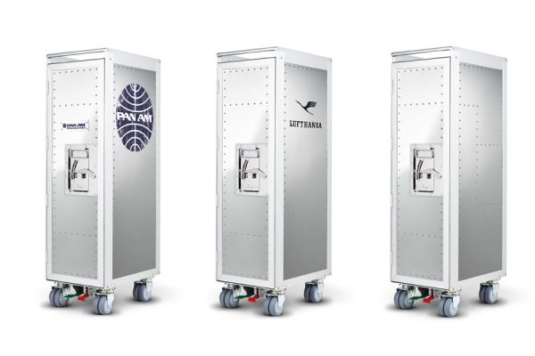 Three BordBar trolleys side by side with airline branding: Pan Am, Lufthansa, and plain.