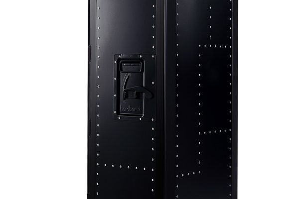 Freestanding black BordBar trolley with rivet details, industrial design style.