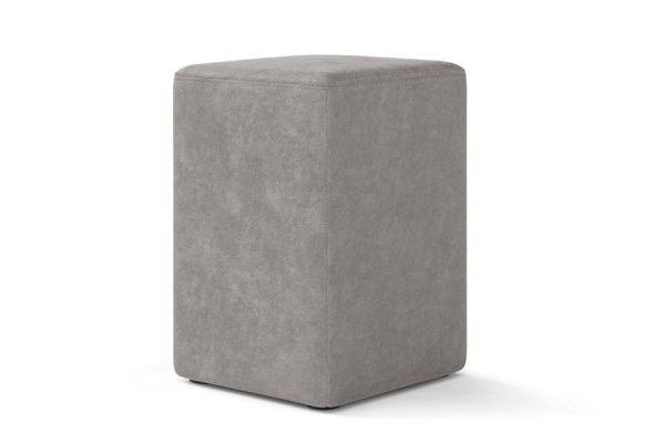 Freestanding POMP stool with grey fabric upholstery – clean product view.