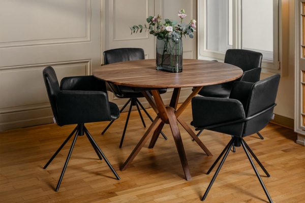 Rodam dining table set with wooden top and black chairs