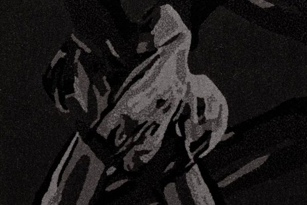 Close-up of the monochrome rug showing intricately detailed hands in shades of grey and black.